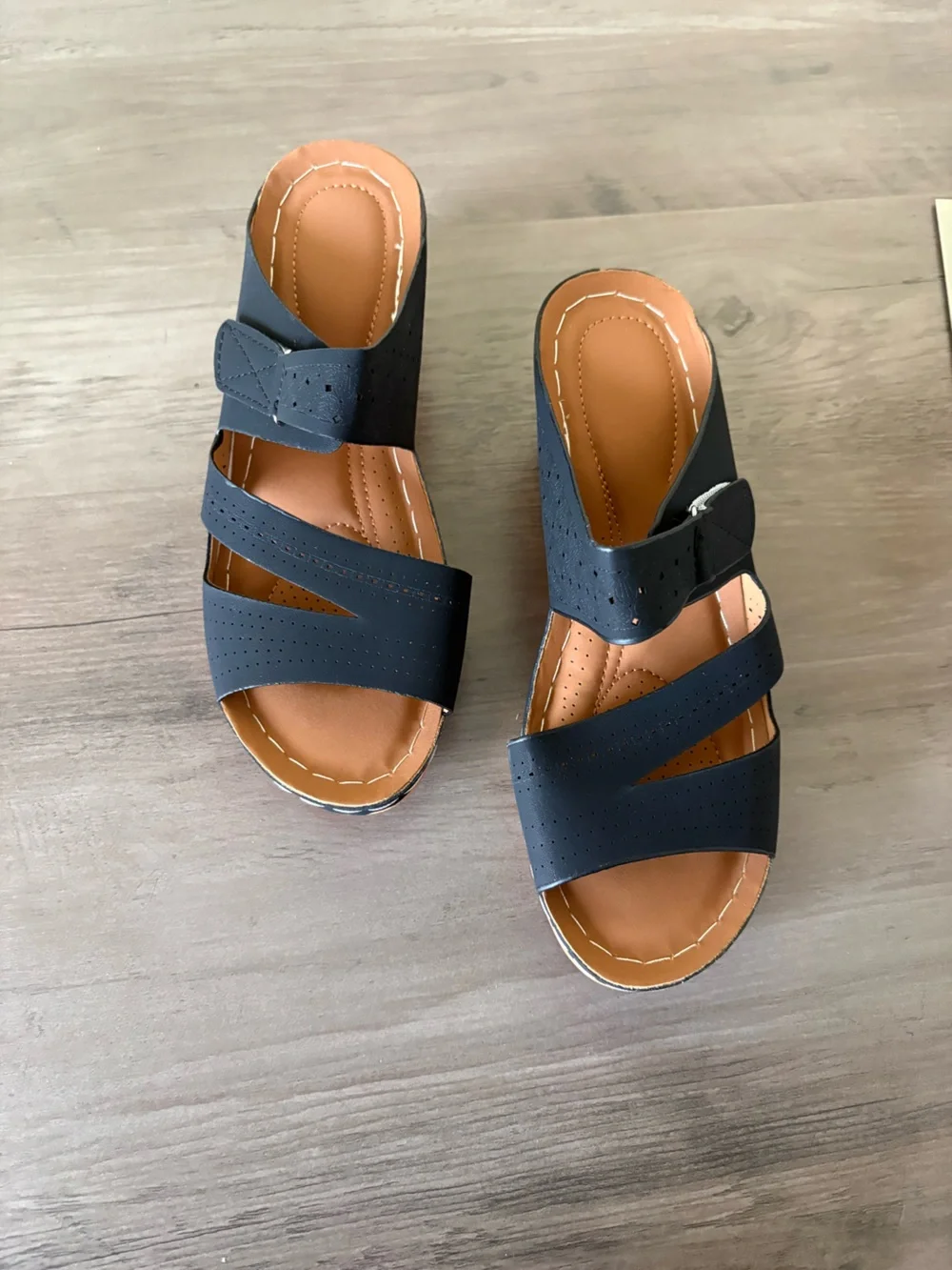 Black Wedge Sandals Size 40 Perforated Open Toe Comfort Shoes